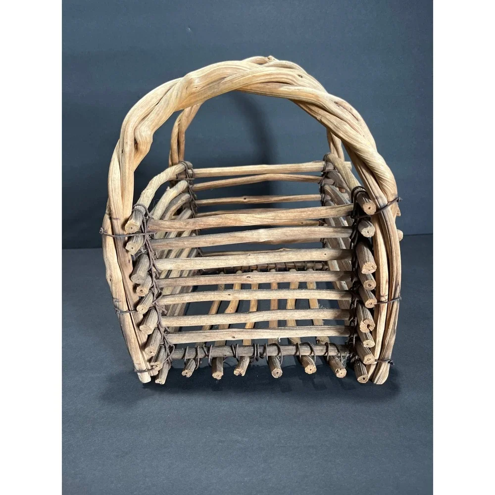 Rustic Twig Log Cabin Basket Handcrafted Natural Wood Branch Decor with Handles